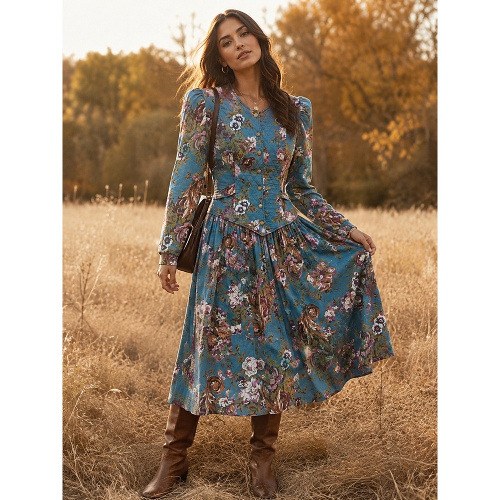 Jeffrey & Dara Petite Floral Quilted Bodice Dress Blue Rayon Vintage Size 5/6